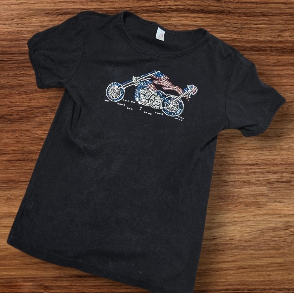 Anvil Black Red White & Blue Studded Motorcycle Women's Tee Shirt